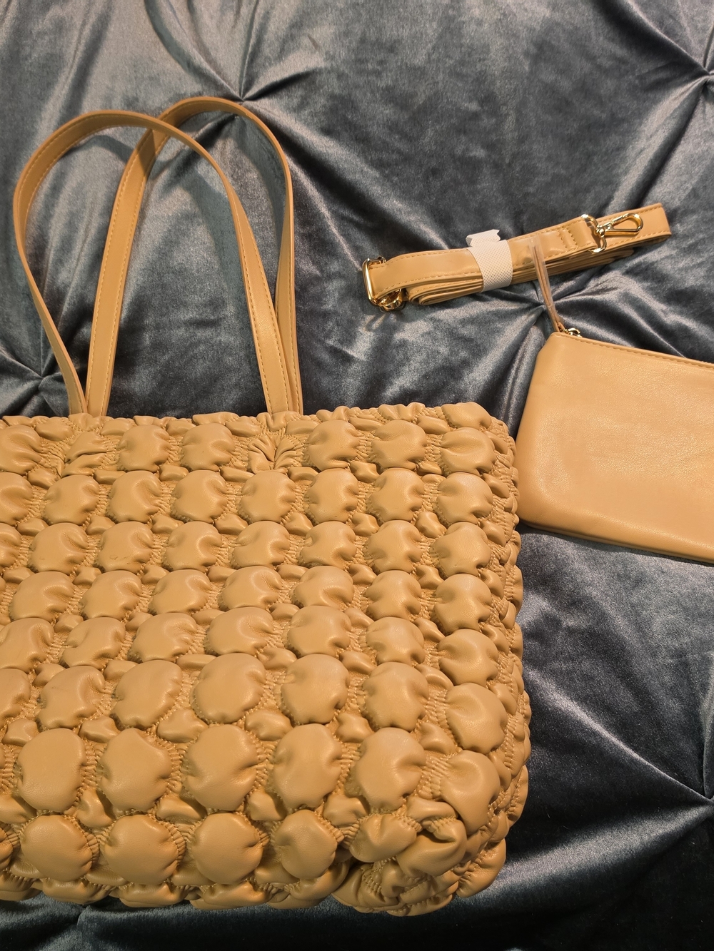 Tan Woven Tote Bag with Pouch